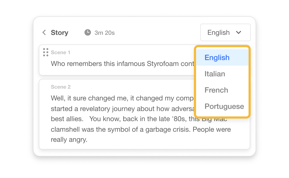 Subtitle translation options in Visla with support for English, Spanish, French, Italian, German, Portuguese, and Dutch.